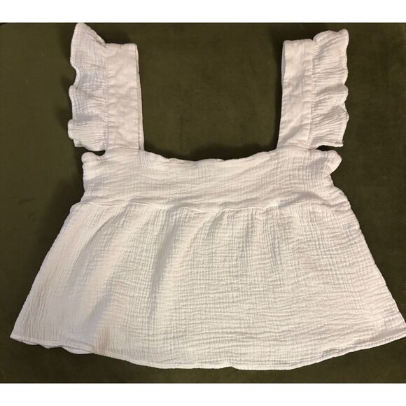 KOURT Babydoll Cropped Cotton Gauze Flutter Sleeve Top, White, Sz. M - Picture 3 of 6